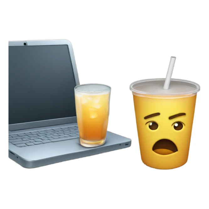  laptop or tablet with a drink next to it, and the screen displaying an overwhelmed face sticker