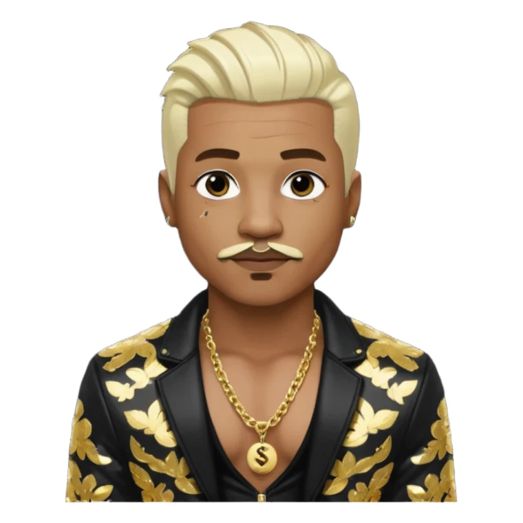 Sisqó with platinum blonde hair, black sequin jacket, shirtless with necklace, dark skin, dark brown thin mustache sticker