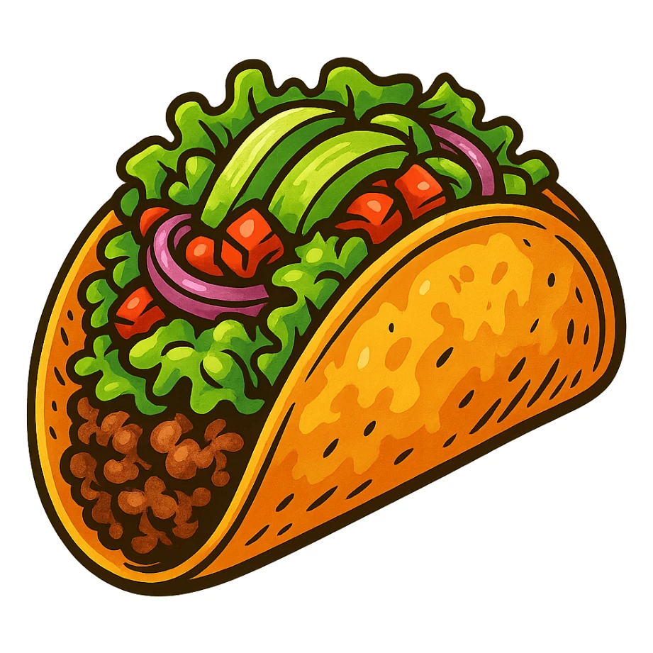 мексиканское тако, яркий, рисованный, но при этом объемный стиль, прозрачный фон, четкие линии sticker