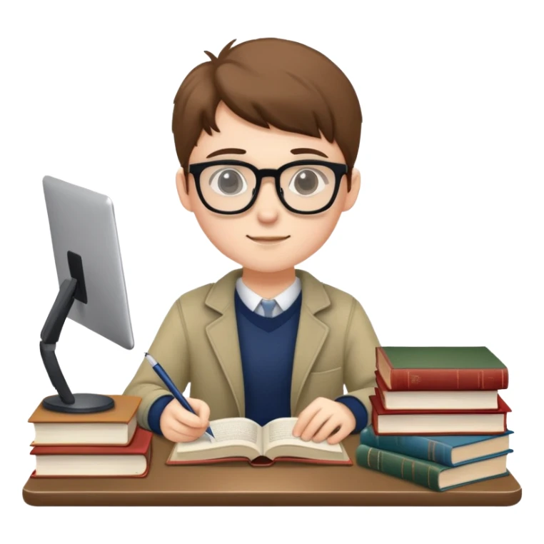 Student with glasses studying at desk with books and laptop sticker
