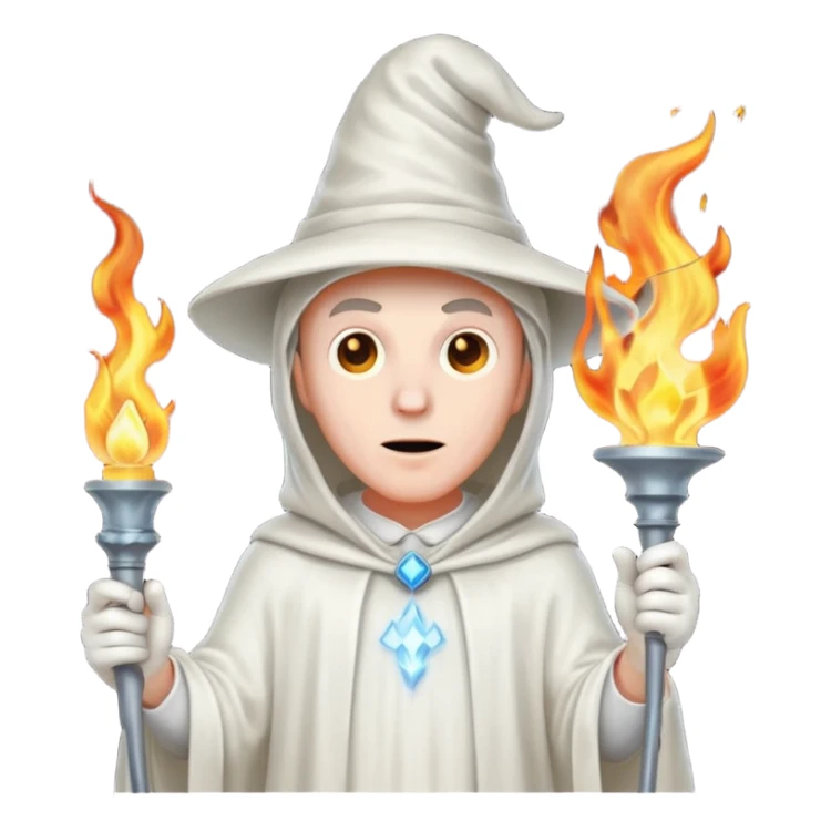 A man in a ghost costume with a pointy hat and torch sticker