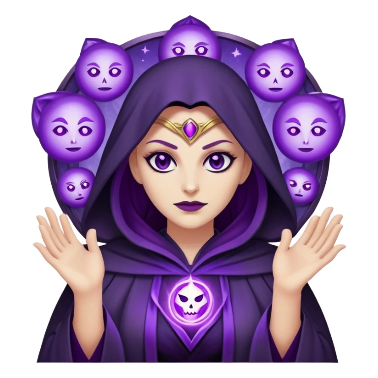 Emoji-style illustration of DC Comics’ Hecate with three faces, glowing eyes, dark magical robes, and purple mystical energy surrounding her.” sticker