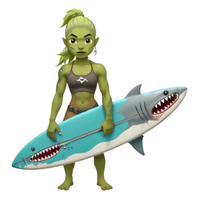 orc female holds a little surfboard with a shark painted vertically in his hands sticker