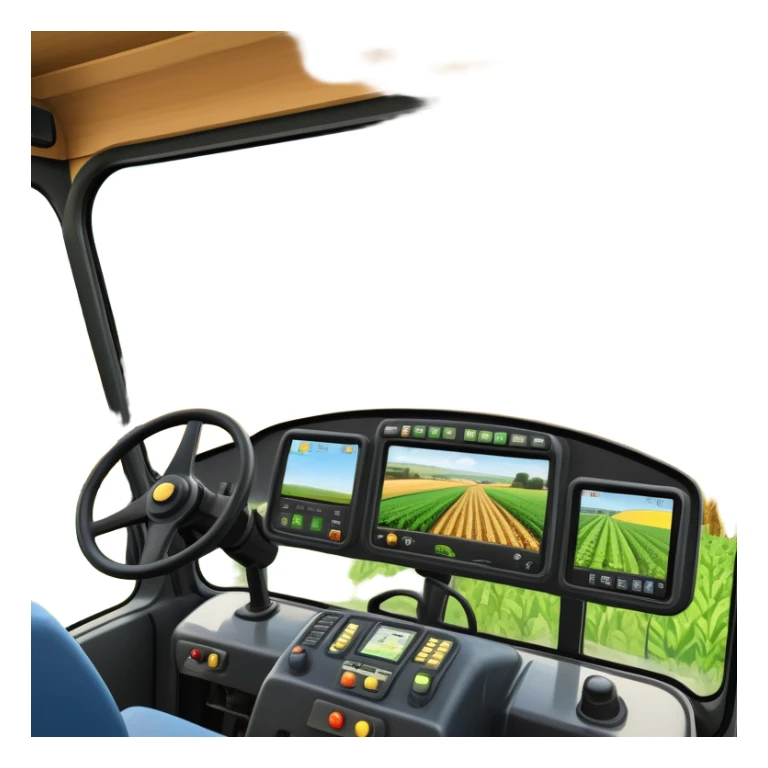 a view from the tractor cabin, with the dashboard in focus, overlooking a vibrant rural landscape. Inspired by Farming Simulator 22, the scene includes fields, crops, and distant barns under a bright sky. The design highlights the immersive experience of farm management. transparent background sticker