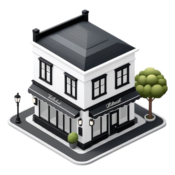 Isometric exterior little black and white upscale restaurant dollhouse style 3D realistic  sticker