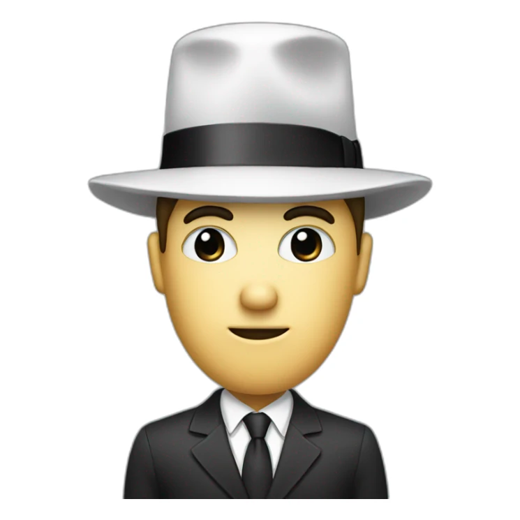 A man with a business suit and a white round head whith black round eyes and a black nose and a cone hat sticker
