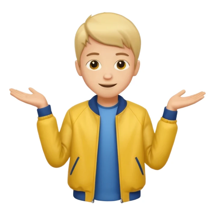 boy with good hair cut shrugging his shoulder, wearing yellow jacket and smile sticker