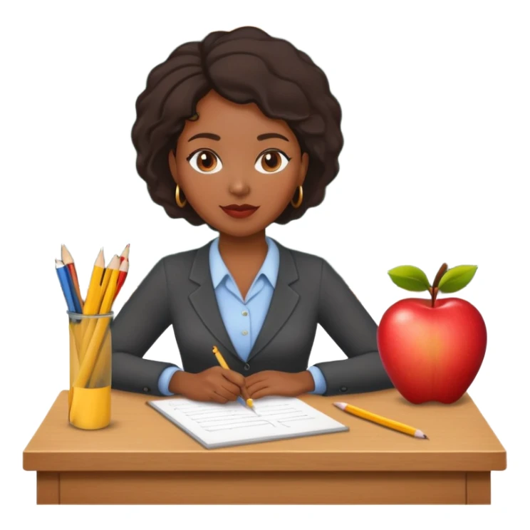 Black female teacher at desk with one apple and one pencil chalkboard in back  sticker