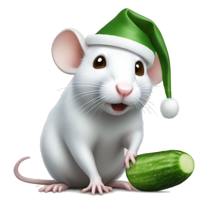 White rat with brown eyes eating a cucumber in a santa hat sticker