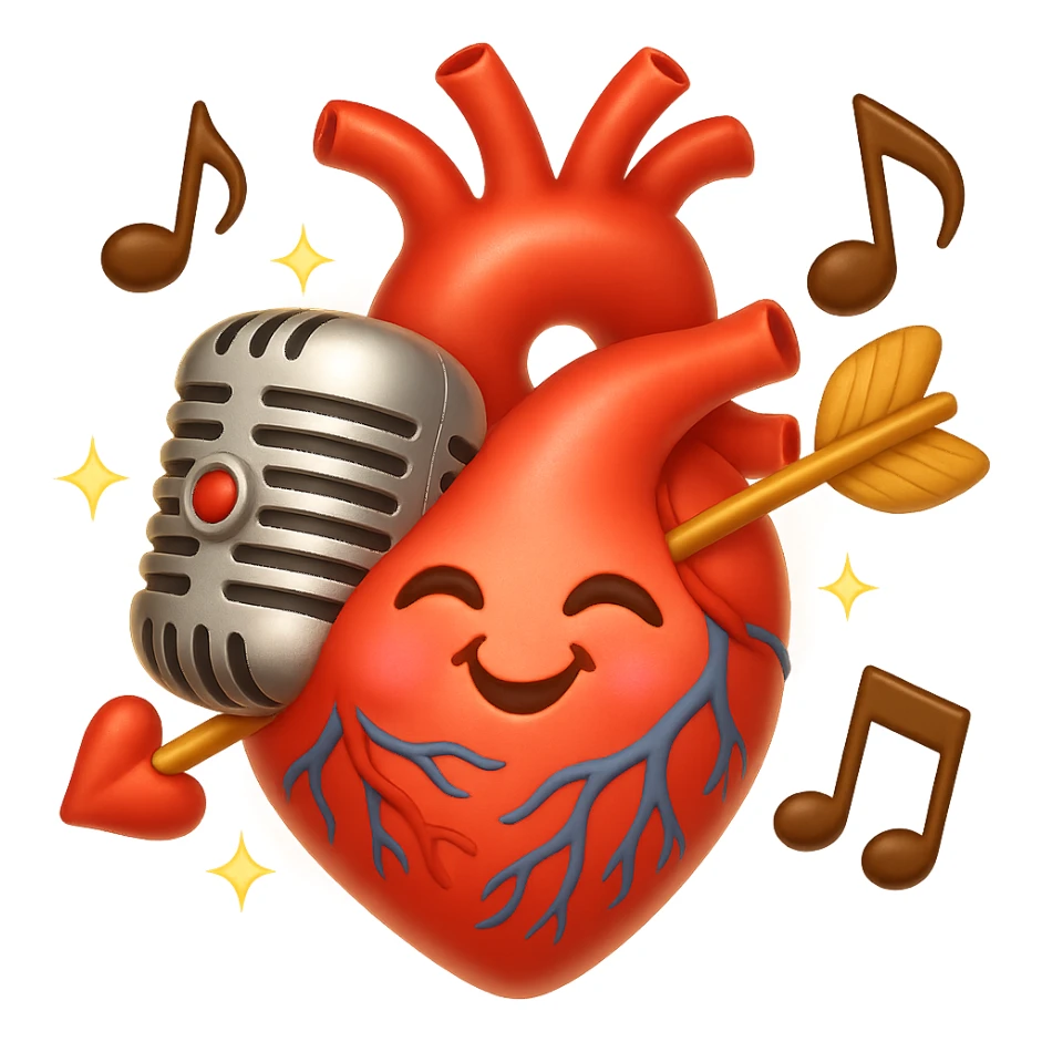 Make the anatomical heart and retro microphone fused together, music notes accenting the design, even more romantic in emoji style. Add cupid arrows, soft blush, and a gentle glow. No background. sticker