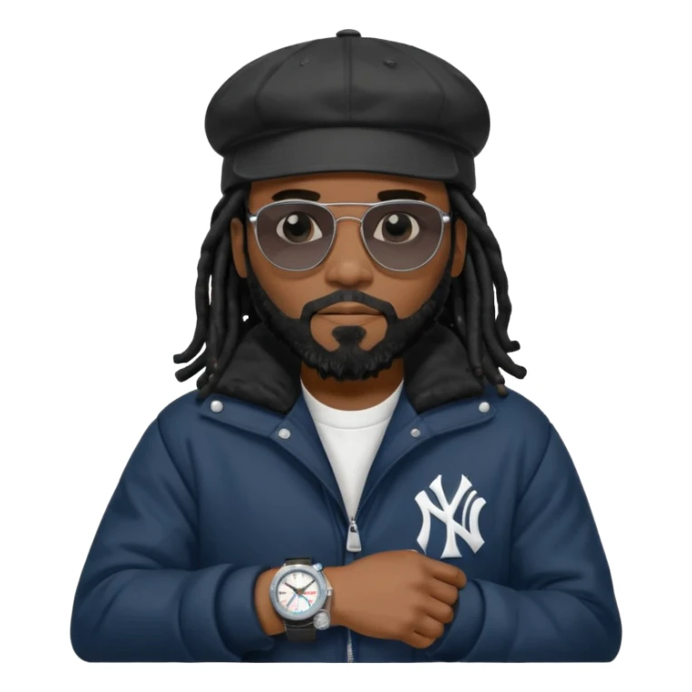 African American man with shoulder length black dreadlocks with black beard wearing black sunglasses wearing a black bubble winter coat and a New York Yankees baseball cap looking at watch sticker