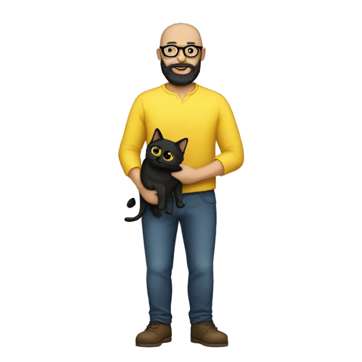 A bald man with glasses and black beard holding a yellow cat full body sticker