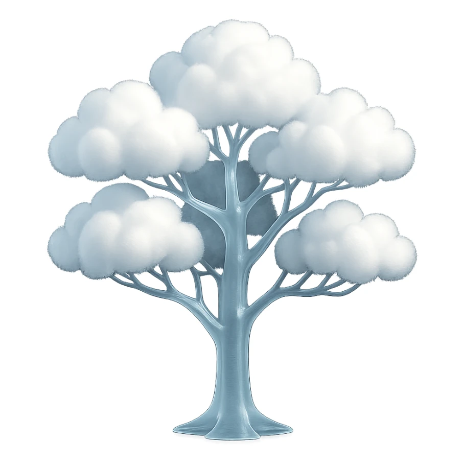 one tree with many branches and a white trunk, crown made of small very bright white fluffy convex clouds, matte glass style sticker