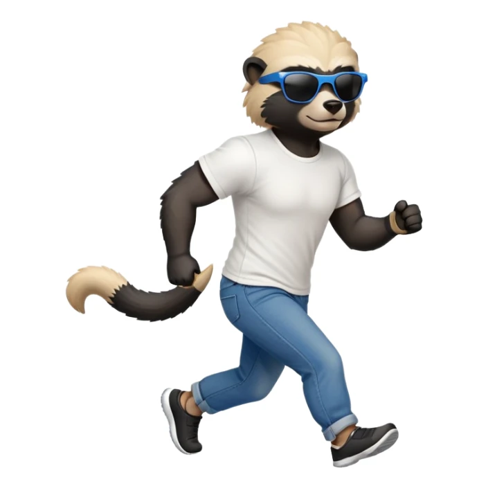 friendly anthropomorphised honey badger in jeans and a t-shirt, wearing sunglasses, jogging upright, standard pose sticker