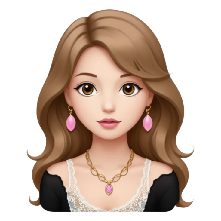fair-skinned girl with dark brown, slim shaped eyes and long lashes. long, light brown hair styled in a voluminous, wavy blowout. wearing a delicate white lace tank top and a dainty gold necklace, plump pink lips. sticker