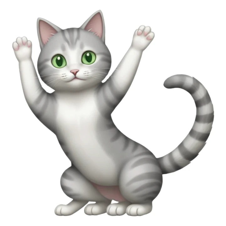 grey and white cat with green eyes doing a big extremely long stretch reaching up into the air with arms and legs side by side together straight and overextended sticker