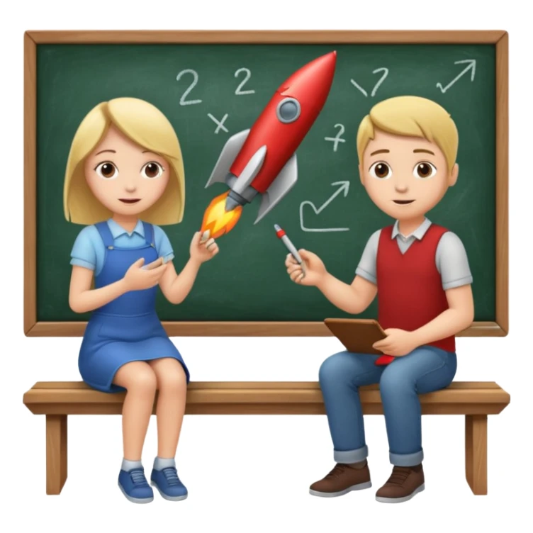 Girl is teaching a guy how to make rocket emojis. Girl at blackboard, guy on bench learning. sticker