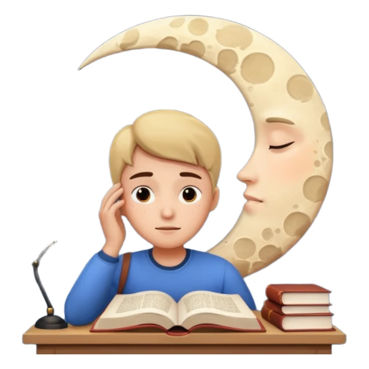 a tired person infront of a book learning with moon and stars behind sticker