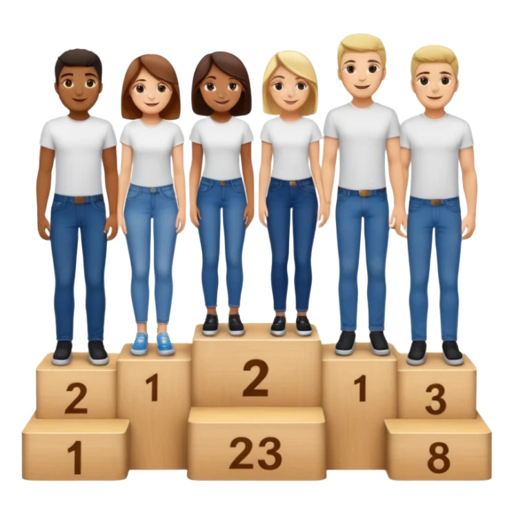 show people on podium in first, second and third place.  The podium should be labled 2, 1, 3.  The middle position should only have the number 1.  the people should be dressed in relaxed clothes like jeans and t-shirts sticker