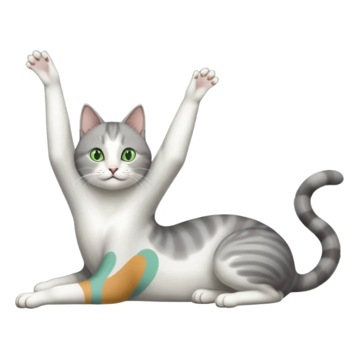 grey and white cat with green eyes doing a big extremely long stretch reaching up into the air with arms and legs side by side together straight and overextended whilst lying on its side sticker