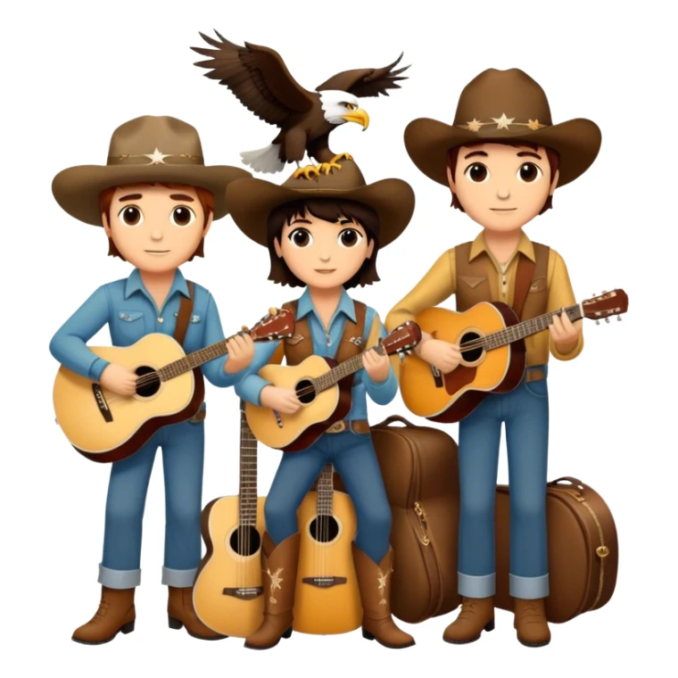 Icon for Country Music: A collage featuring Eagles as a band, Ricky Nelson, and Linda Ronstadt. Acoustic guitars, banjo, cowboy hats and a vintage Americana aesthetic evoke the spirit of classic country and country rock. Warm earthy tones. Transparent background. sticker