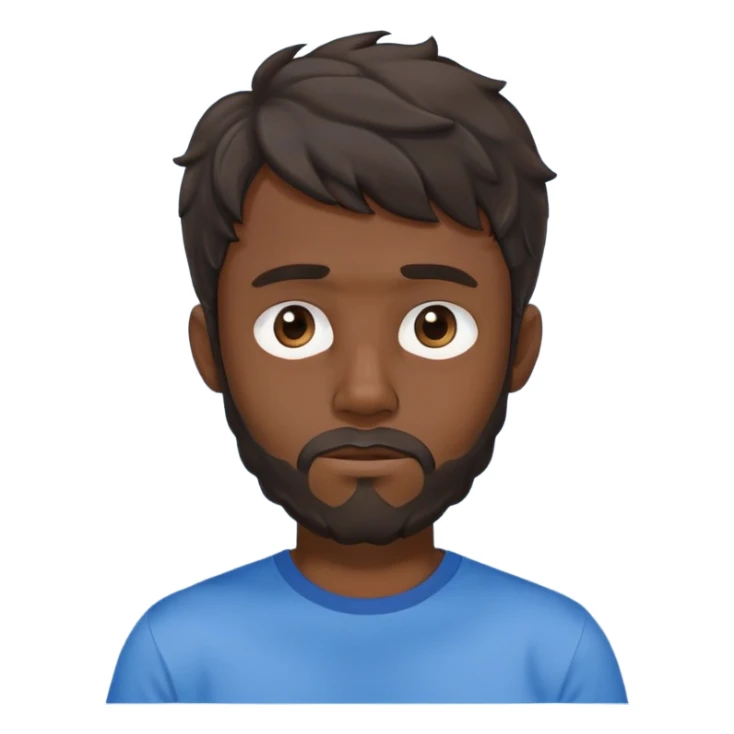 Man with longer dark brown wavy hair past ears with wavy bangs, short beard covering whole face, neutral expression, basic blue t-shirt sticker