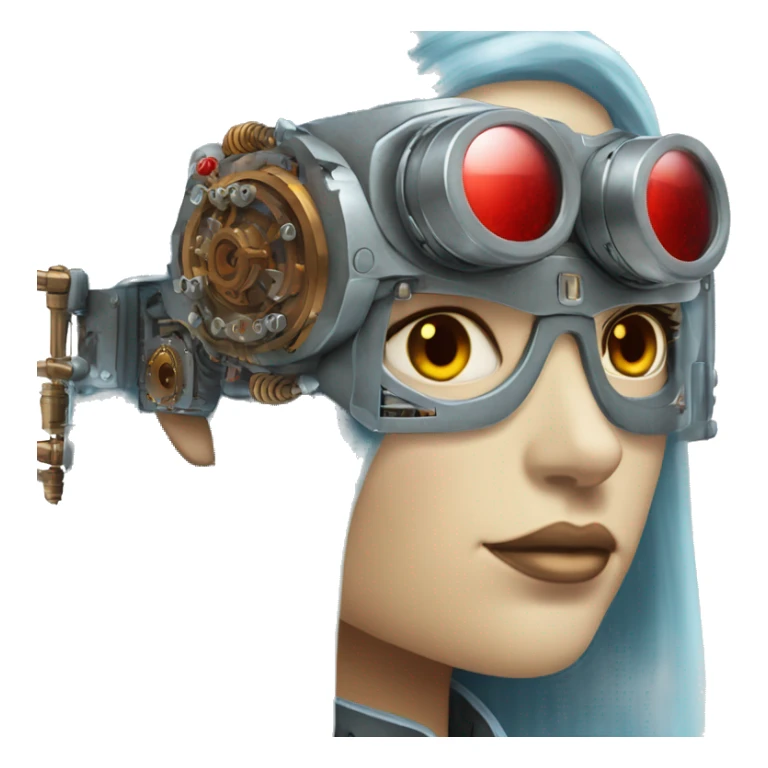 Light blue long hair female cyborg head with red steampunk goggles and circuits sticker