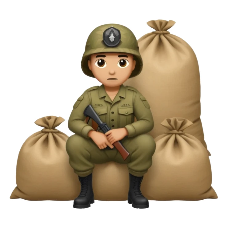 a camouflaged figure crouching behind sandbags, war setting sticker