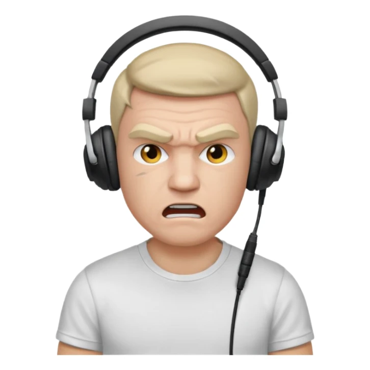 Male, angry, wearing headphone having mic, t-shirt 
 sticker