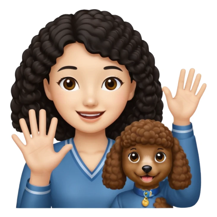 Brown poodle with Asia girl waving left hand sticker