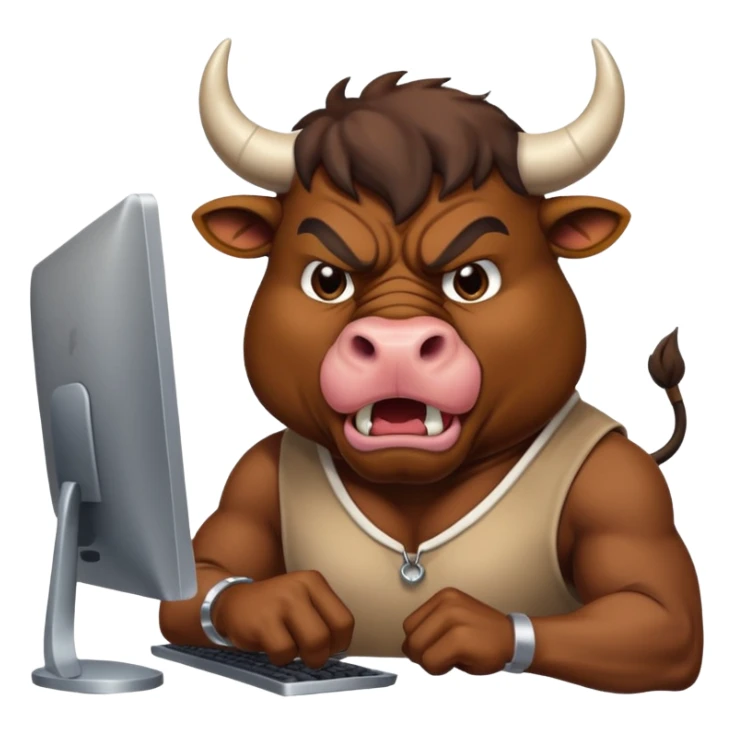 un toro arrabbiato seduto davanti al pc che impreca sticker