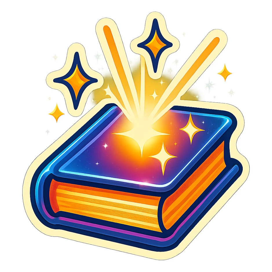 A book radiating magic, sparkles, and light, with thick outlines, stylized shadows, and glossy highlights, nostalgic retro sticker vibe sticker