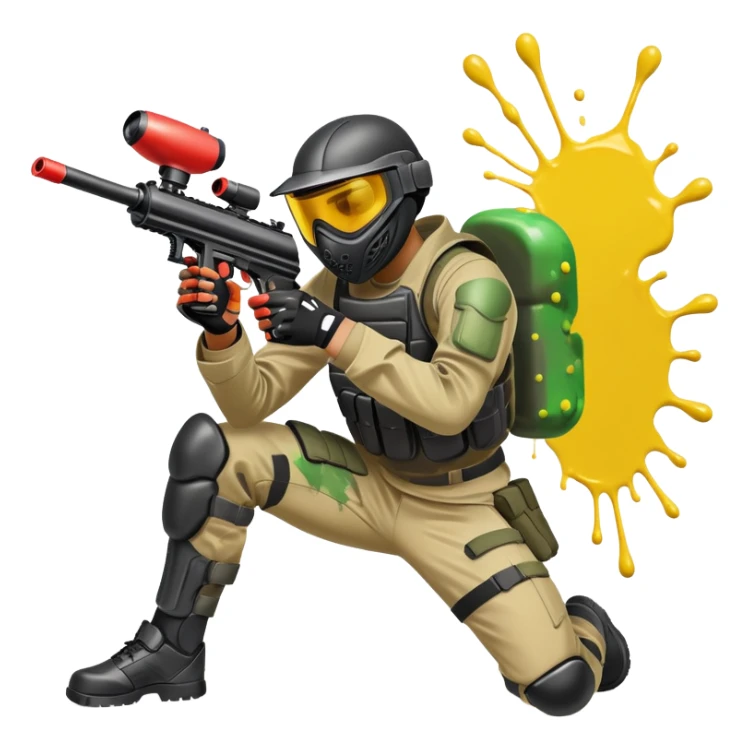 A paintball player in full gear, aiming a paintball gun with focus and determination. The scene includes vibrant splashes of paint and a dynamic battlefield setting, emphasizing action, strategy, and teamwork in a competitive environment sticker