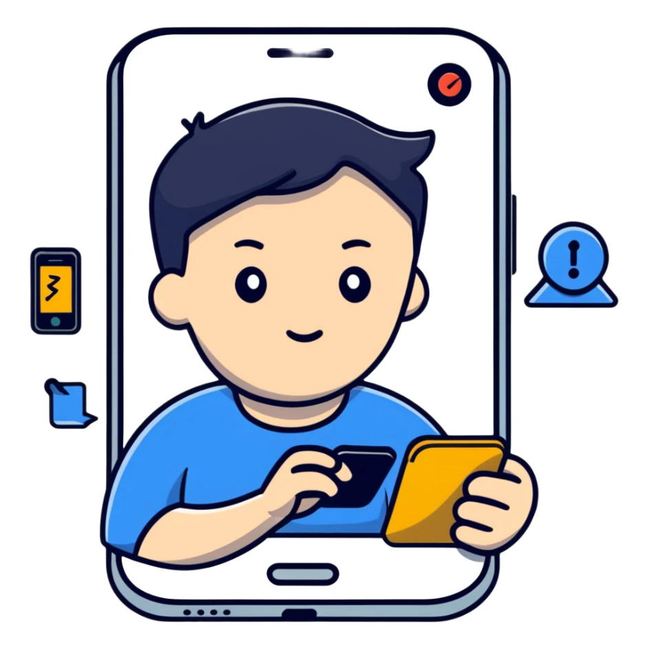 social media addiction with person staring at phone surrounded by notification symbols sticker