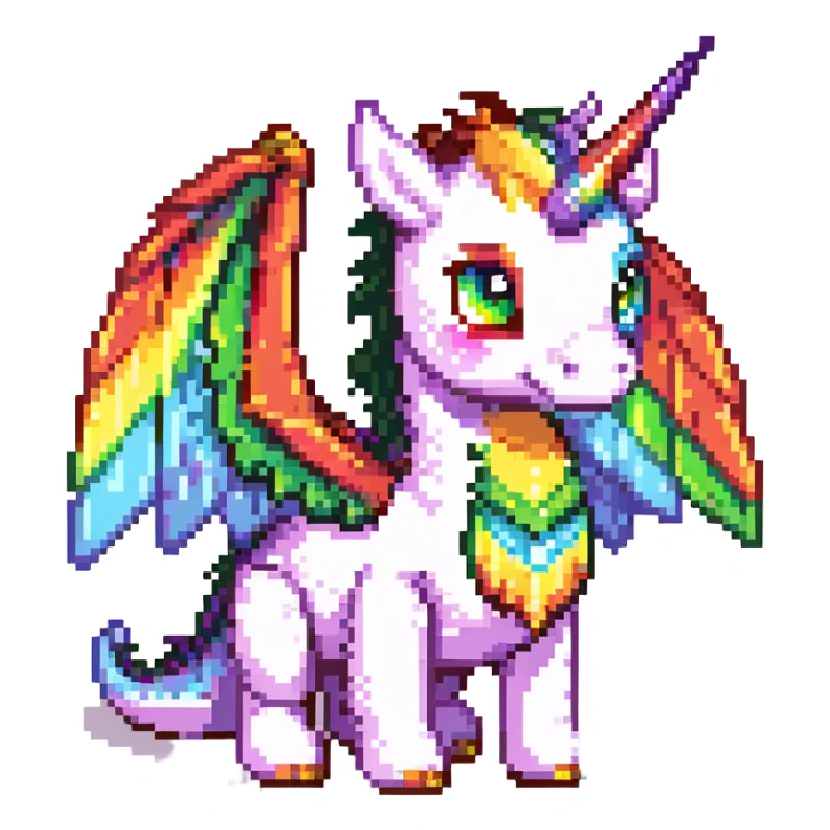dragon with big eyes, large rainbow wings, and a unicorn horn sticker