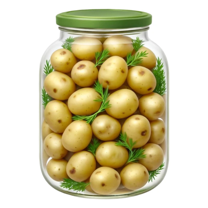 A round jar of small pickled potatoes with sprigs of dill floating inside.









 sticker