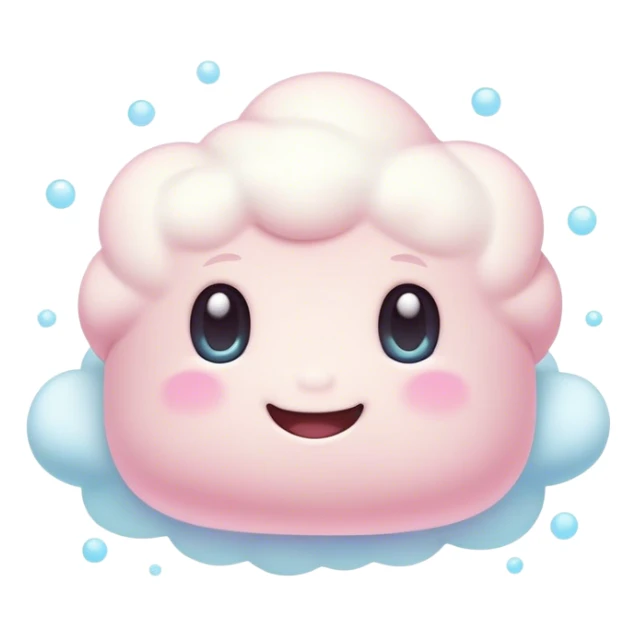Cinematic fluffy pastel marshmallow character, soft round edges, tiny sparkly eyes, a small happy smile, glowing warmly, floating in a dreamy soft sky. sticker
