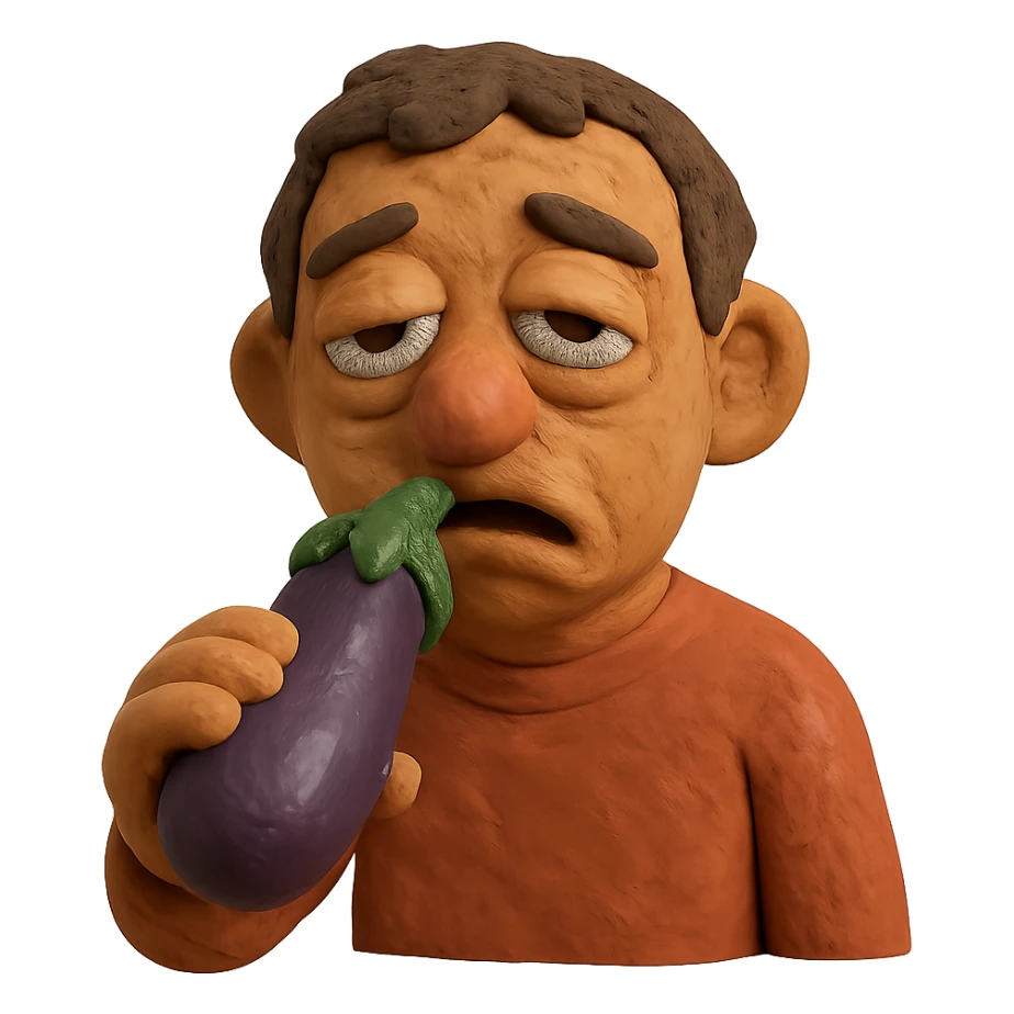 claymation style tired face holding eggplant to mouth sticker