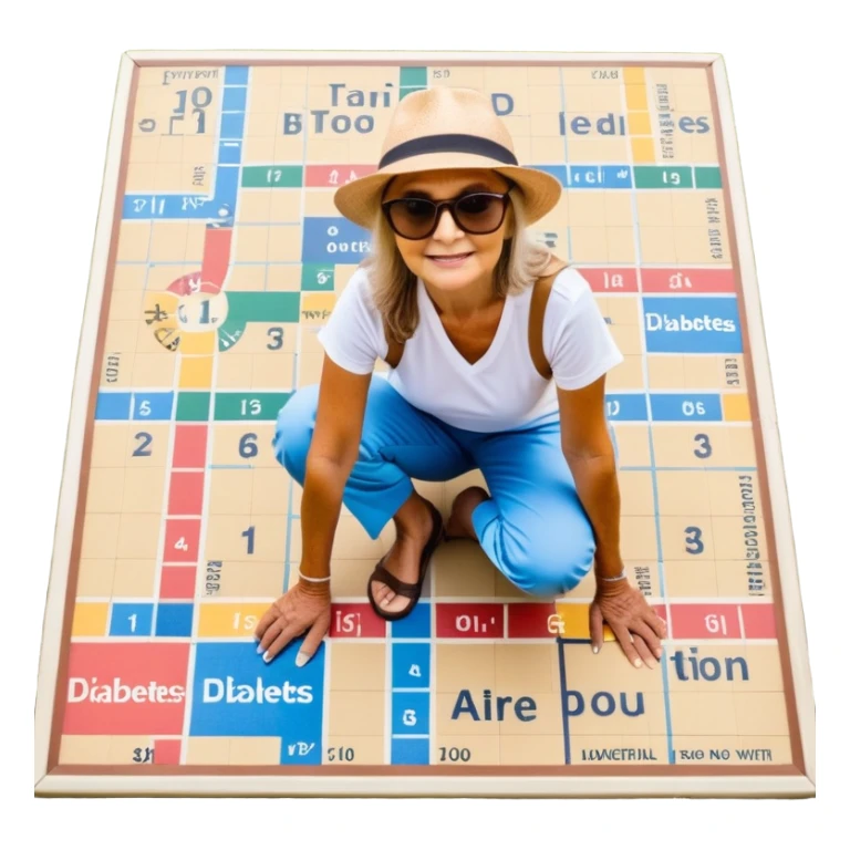 journey on a game board about Type 1 diabetes and aging with pretty footpaths in a countryside, no roads (hospital, places to live, advocacy, physical changes, to share knowledge and ways of coping, energetic with text: T1D to 100 and subtext Aging with Type 1 diabetes, easy for seniors to see sticker