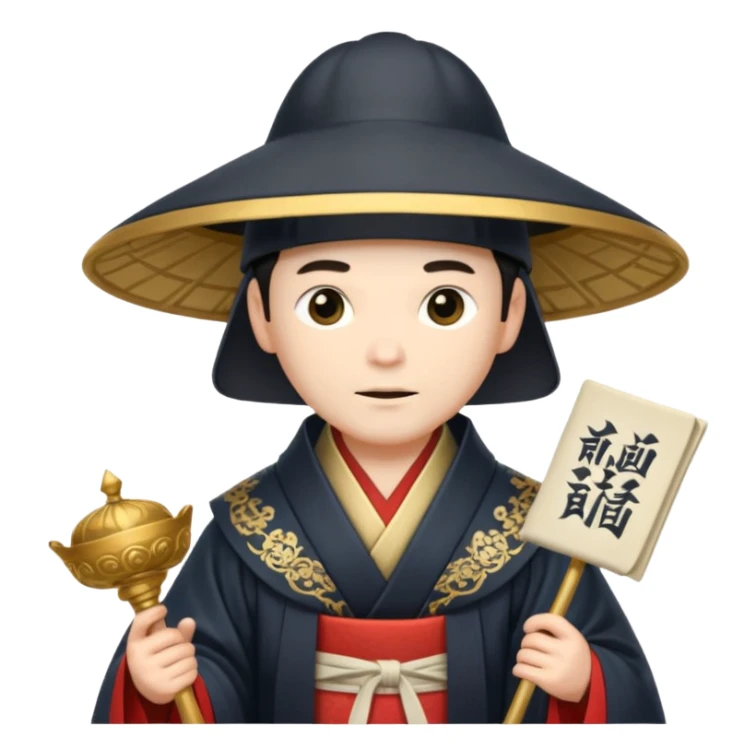 Samurai lord, Elegant noble in long robes with tall hat, holding a scroll of orders. sticker