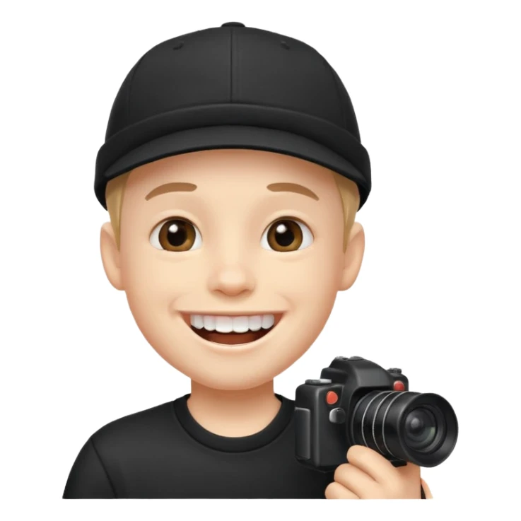 cheerful boy in black cap showing big front teeth holding a camera sticker