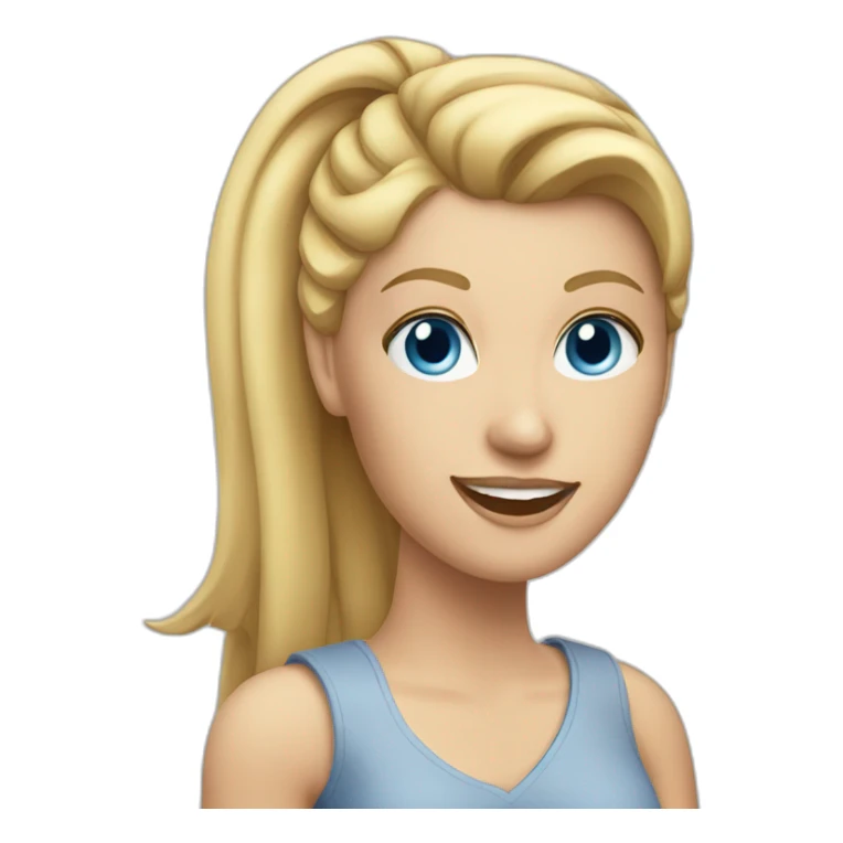 a blond woman with ponytail blue eyes and a mac computer sticker