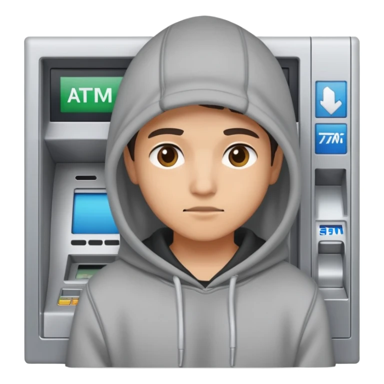 scammer in a hoodie near ATM sticker