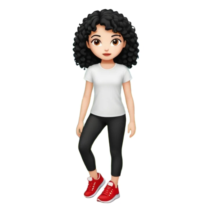 generate a pretty bratz fair skinned girl with curly black hair wearing a white tshirt trekking on a hill with red sneakers on and black leggings. Show HILLS sticker