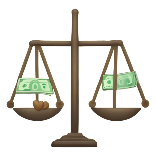 A balance icon with money on one side and a heart on the other side. This visual represents the balance between work and personal life. sticker
