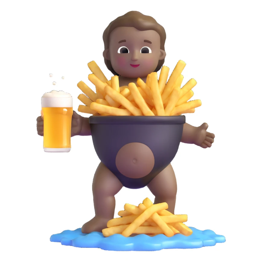 Funny Manneken Pis statue, beer splashing slightly, fries overflowing sticker