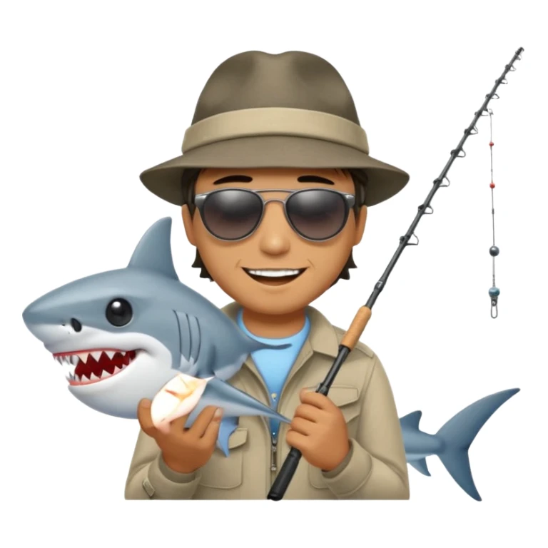 man with a fishing rod and a shark at the end sticker
