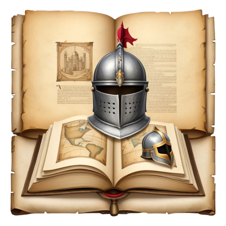 Icon for Historical Fiction Reading: an open book with pages showing ancient scrolls, a quill, a large knight's helmet, bowl and a parchment map. The icon should evoke the adventure and grandeur of historical settings and storytelling. Transparent background. sticker