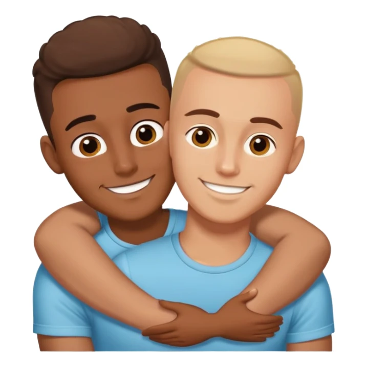 Latino man with big eyes and buzzed head cuddling white boyfriend with great smile sticker