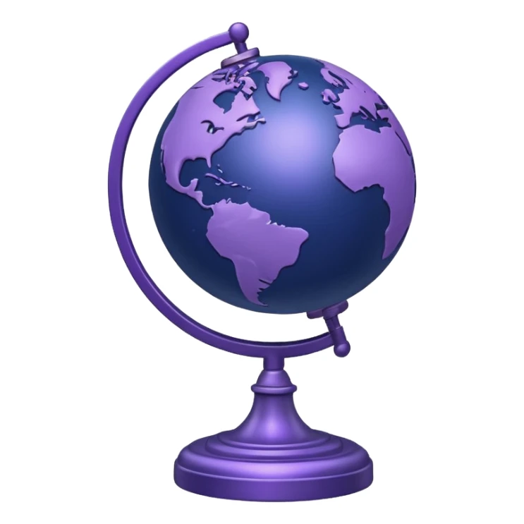 Realistic globe on a stand in muted purple tones with dark blue sticker
